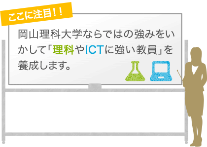 岡山理科大学ならではの強みをいかして「理科やICTに強い教員」を養成します。