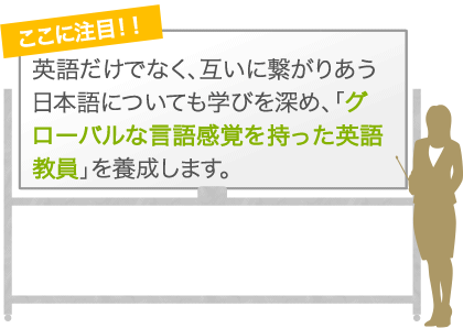 英語だけでなく、互いに繋がりあう日本語についても学びを深め、「グローバルな言語感覚を持った英語教員」を養成します。